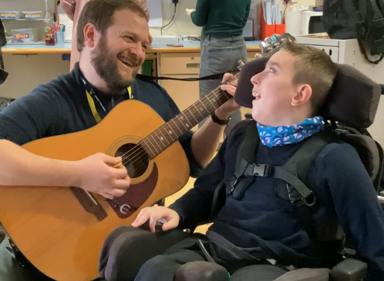 musician Chris Webb and a pupil from Three Ways school in Bath